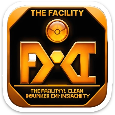 glowing amber industrial emblem above bold text reading “THE FACILITY”, dark background, clean typography, sci-fi bunker aesthetic, high contrast, sticker