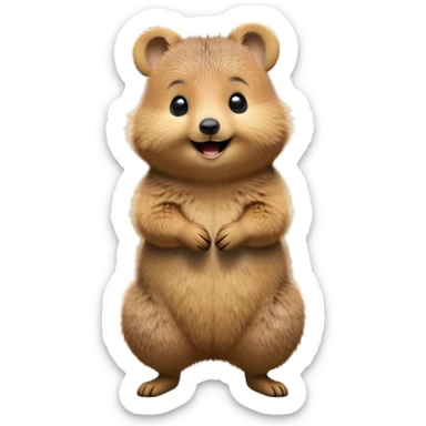 cinematic-quokka-realistic-full-body-standing on its hind legs hunched over-emoji,-small-round-frame-balanced-on-tiny-strong-hind-legs,giant fluffy cheeks large smile-fluffy-brown-fur-radiating-a-warm-softness,-big-round-eyes-filled-with-joy-and-innocence,-tiny-clawed-paws-held-close-to-chest,-cheerful-smile-exuding-endearing-happiness,-simplified-yet-realistic-focused-features,-highly-detailed,-glowing-with-a-sunny-warmth, skinny tail sticker