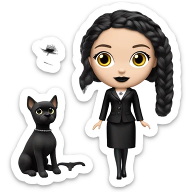   Hostess Wednesday Addams Barbie.  very light skin face. Black lipstick and eyeshadow. Earrings matching necklaces. Long silky raven hair.  Silk pj separates black high heel.  sticker