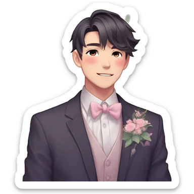 Gorgeous romantic anime style Asian formal modern gentlemanly guy with flowers and blushing face aesthetic trending style outside with colorful gradient colors  pastelcore cottagecore kawaiicore sticker