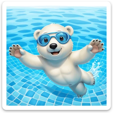 friendly anthropomorphised polar bear swimming freestyle with excited expression, wearing blue swimming goggles, pool tiles and water visible sticker
