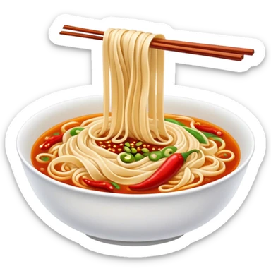 Xi'an Biangbiang noodles with extra wide belt shape and chili oil, simplified emoji style with bold outlines and bright colors, cartoon style Shaanxi specialty sticker