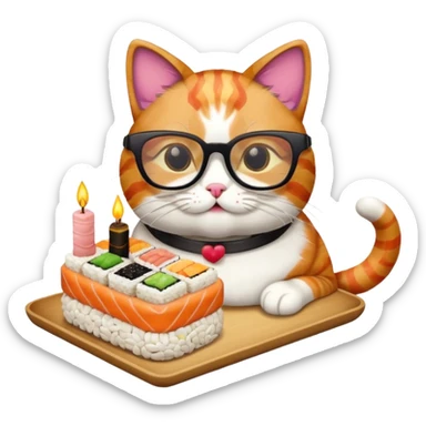 cat with cool square shaped glasses eating a birthday cake made out of sushi sticker