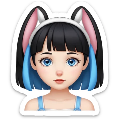 Girl with blue eyes and black hair with short bangs and bunny ears sticker