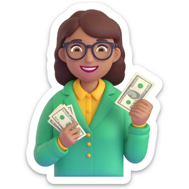 smiling agender emoji with nerdy glasses, holding cash in one hand, gender-neutral, happy vibe sticker