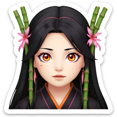 Nezuko with long black hair with orange tips, pink eyes, bamboo muzzle in mouth sticker