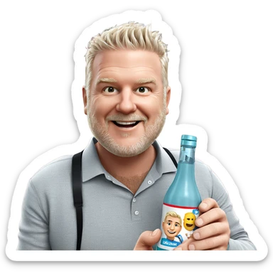 smiling man holding a bottle sticker