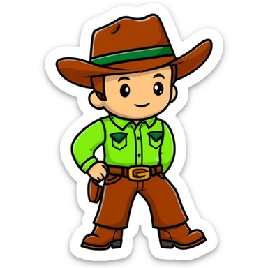 Cartoon cowboy with bright green outfit and matching green cowboy hat, western style sticker