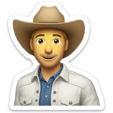 white man with cowboy hat next to a home  sticker