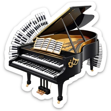 Create a sophisticated and celebratory emoji collage representing keyboard instruments, designed in the style of a coat of arms or crest. The design should feature a central, surrounded by a ribbon of musical notes. The ribbon should intertwine with a second ribbon made of black-and-white piano keys, creating a flowing, symmetrical pattern. Include delicate, elegant details such as the pedals of the grand piano, intricate woodwork, and the glossy, polished surface of the instrument. The musical notes should be swirling around the design in a harmonious, festive arrangement. Use gold, silver, and rich wood tones to evoke a sense of luxury and professionalism, with the black-and-white keys of the piano adding contrast. The background should remain transparent sticker