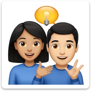 light skin black hair woman talking with a light skin black hair man, she's exited an he's happy sticker