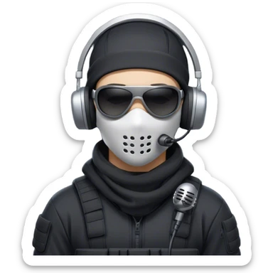 Futuristic special forces soldier wearing a white full-face balaclava, black wraparound sunglasses, and a high-tech military headset with a microphone. Dressed in a dark hoodie. sticker