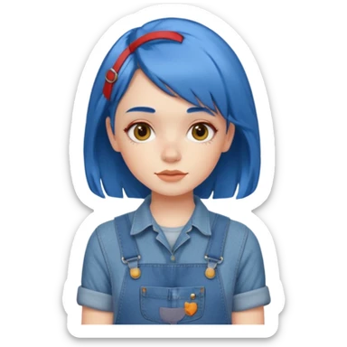 redheaded girl with blue hair, 1960s hairstyle, blue overalls, no text sticker