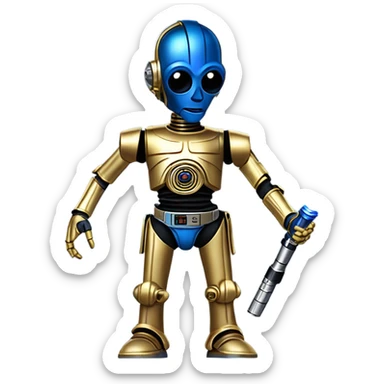darkblue-pearl smiling bounty hunter c3po droid wearing backpack, saddlebags and light saber ready to fight at ease sticker