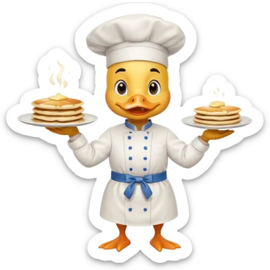 A chef duck wearing a tiny apron, flipping pancakes confidently. sticker