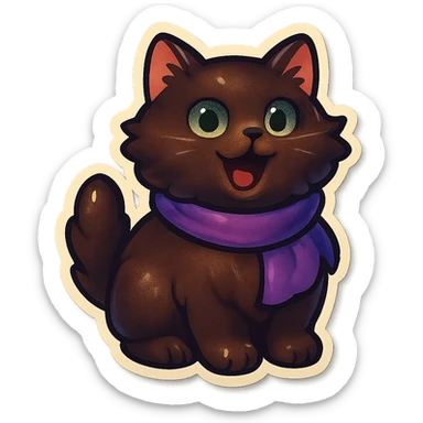 Fluffy meowing cute dark-brown cat with green eyes and a purple scarf  sticker
