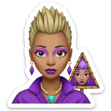 57 years young,  Black queen with a  no hair on side and a mohawk hairstyle, purple lipstick,  purple eyeshadow,  droopy looking  eyes, bamboo triangle earrings with the name Draya personalized on them.  sticker