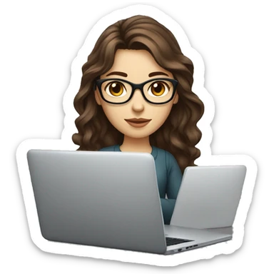 female coder with apple laptop in front of her, long wavy brown hair, brown eyes, type of glasses cat eyes, white skin, dark-brown wavy hair, red clothes sticker