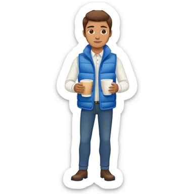 full body man wearing long sleeve white shirt with blue puffy winter vest holding a cup of coffee in front of him sticker