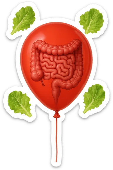 intestino chiuso in un palloncino rosso e foglie di insalata che fluttuano intorno sticker