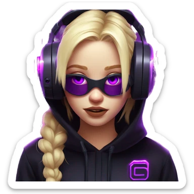 Russian cute blond girl wearing black hoody with violet letters "OMG", in vr headset. Cyberpunk style. Violet neon. sticker