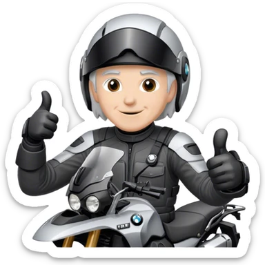 bmw gs  silver 1200 rider with grey hair  no beard giving a thumbs up with a black helmet sticker