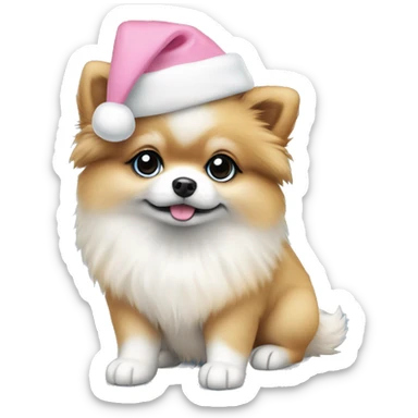 pomeranian puppy full body light blue eyes pink christmas hat on sticker