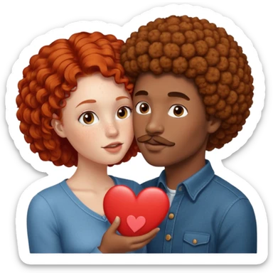 one black male with a small afro and mustache kissing a redhead girl with freckles and brown eyes on ten cheek with a heart between them sticker