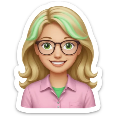 long wavy dirty blonde hair woman with green eyes and glasses smiling sticker