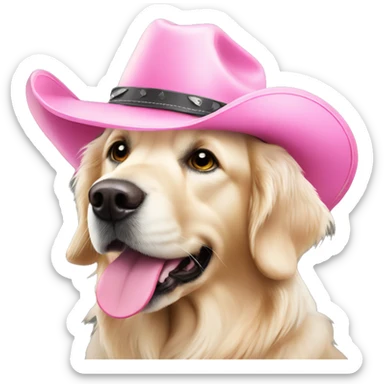 White golden retriever wearing pink cowboy hat sticker