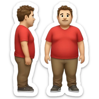 fat guy with a red shirt, brown hair and a Mohican sticker