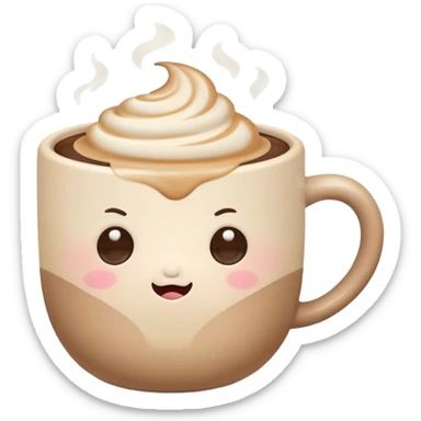 Cute Kawaii Coffee Cup, cozy and warm, a tiny swirl of steam shaped like a heart, round chubby face with a sleepy but content expression, soft pastel brown and cream colors, perfect morning vibes! sticker