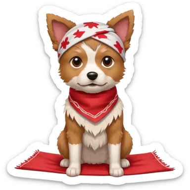 A small scruffy dog wearing a torn bandana, sitting beside a cardboard piece with hopeful gentle eyes.
e Fireplace sticker