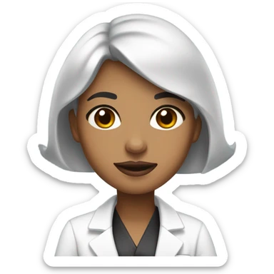 Woman emoji with a short black curled bob parted in the middle. She has a few little moles on her face and light tan skin. she has a lab coat on. she has glossy pink lips and big brown eyes.  sticker