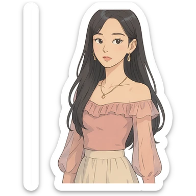 K-pop idol inspired by Blackpink, dreamy atmosphere, soft colors, elegant fashion, ghibli style sticker