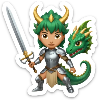 Fierce Latina in armor with a sword cutting off the head of a dragon sticker