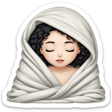 White skin color black curly hair girl inside a blanket eyes closed sticker