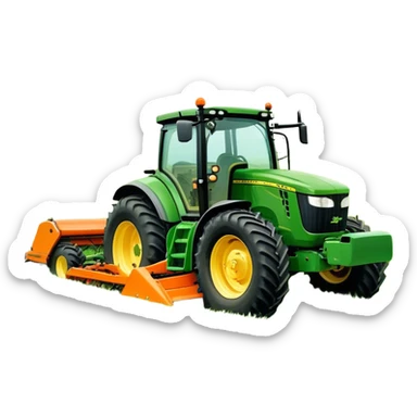 Howard EHD 180 (2019) – Cinematic-realistic John Deere 6155M tractor towing a Howard EHD 180 slasher, its green and yellow frame cutting through thick overgrown paddocks. The bright orange slasher spins rapidly, clearing a wide path of grass as birds scatter into the air sticker