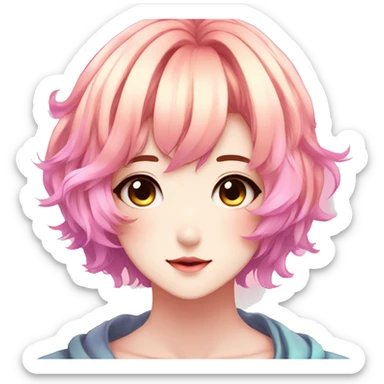 Gorgeous anime style shojo character with blushing face aesthetic and pretty colorful shiny gradient pastel hair trending style sticker