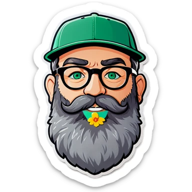 A bold man with a grey baseball cap, green eyes, big beard and glasses, holding flowers sticker