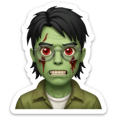 homem zumbi de óculos mullet piercing na boca piercing nas duas sobrancelhas duas orelhas giradas trágus esquerdo furado cabelo preto com muita olheira deixar pele dele verde dentes brancos e olhos vermelhos e ensanguentados sticker