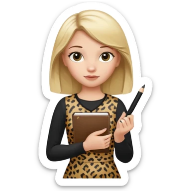 Blond hair girl with a leopard print dress and black leggings holding a note book and a pen sticker