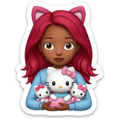 black woman with long brown and red hair, holding a hello kitty plushie  sticker