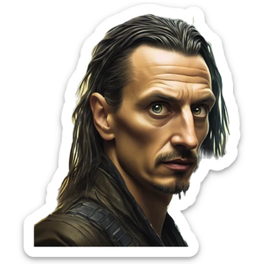 Solarpunk Zlatan in bladerunner style, oil paint, epic eyes, intricate lips, exquisite pose, beautiful, desirable, logical sticker