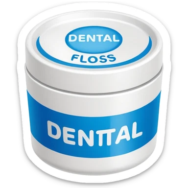 A small round plastic container with the phrase  "dental floss" on it sticker