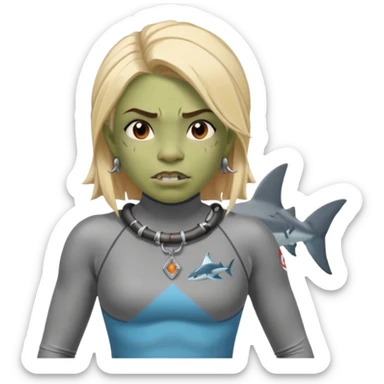 orc female in rescue tube, scanning horizon. Rash guard, shark tooth necklace sticker