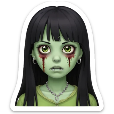 Zumbi girl pretty and Long, straight black hair with bangs, With a nose piercing sticker