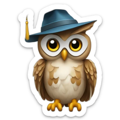 an owl with a student's hat sticker