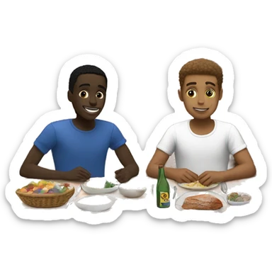Gay couple, one black boy, one white boy, eating at a dinner table ￼ sticker