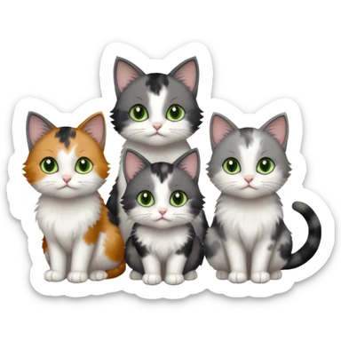 3 different coloured small cats including a dark grey and white, and a patchy calico with hazel eyes and a completely solid dark grey with green eyes and only white paws sticker